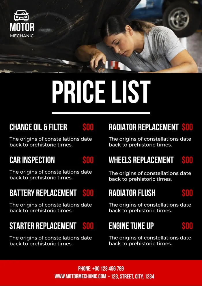 Personalize this Professional Motor Mechanic Price List template in minutes