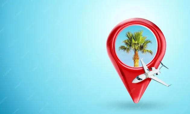 Premium Photo | Red position pin airplane and palm trees on a blue