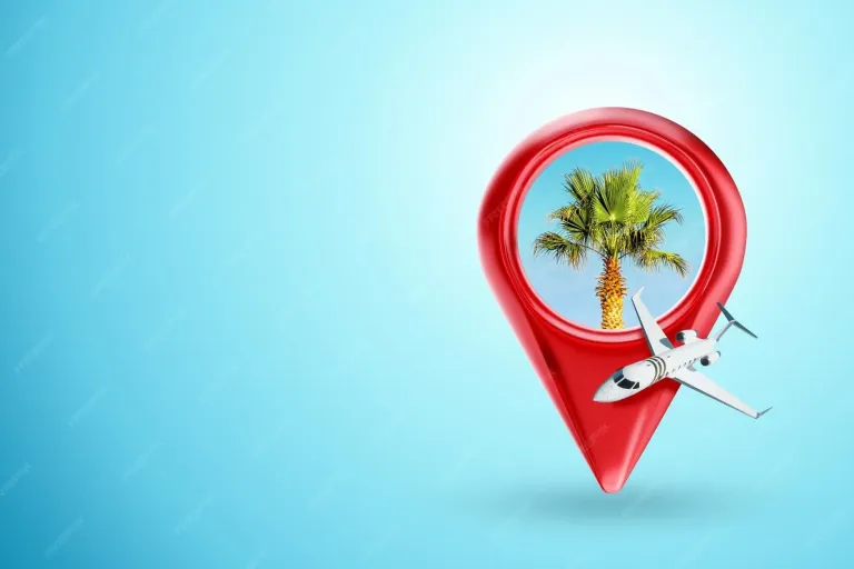 Premium Photo | Red position pin airplane and palm trees on a blue