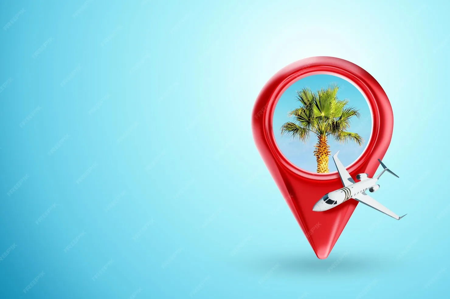 Premium Photo | Red position pin airplane and palm trees on a blue